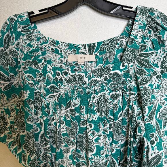 2/$25 Loft Turquoise Blue Floral Smocked Modest Paisley Feminine Blouse Medium - Picture 8 of 11